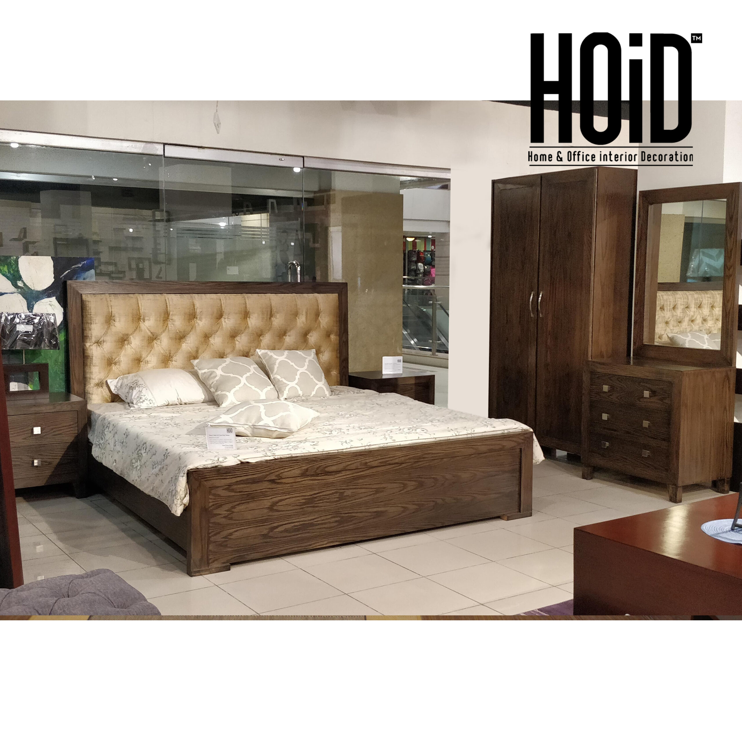 Brid Bed, 2 Side Tables, Dresser with Mirror and 2 Door Wardrobe – HOiD.pk