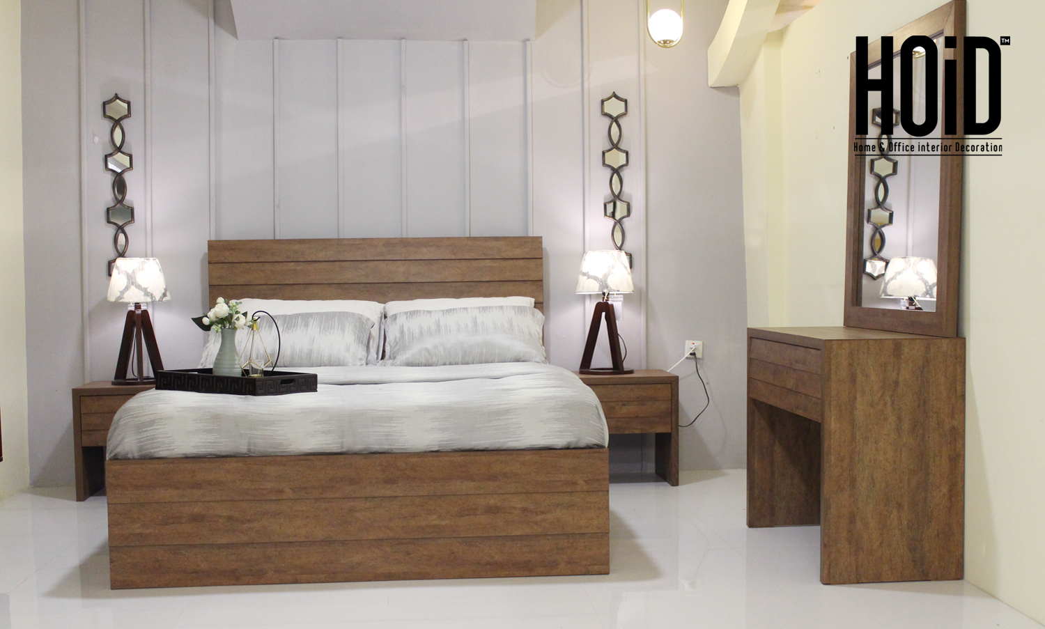 abbaVa Designer Bed with 2 Side Tables, Dresser, Mirror with 2 Door