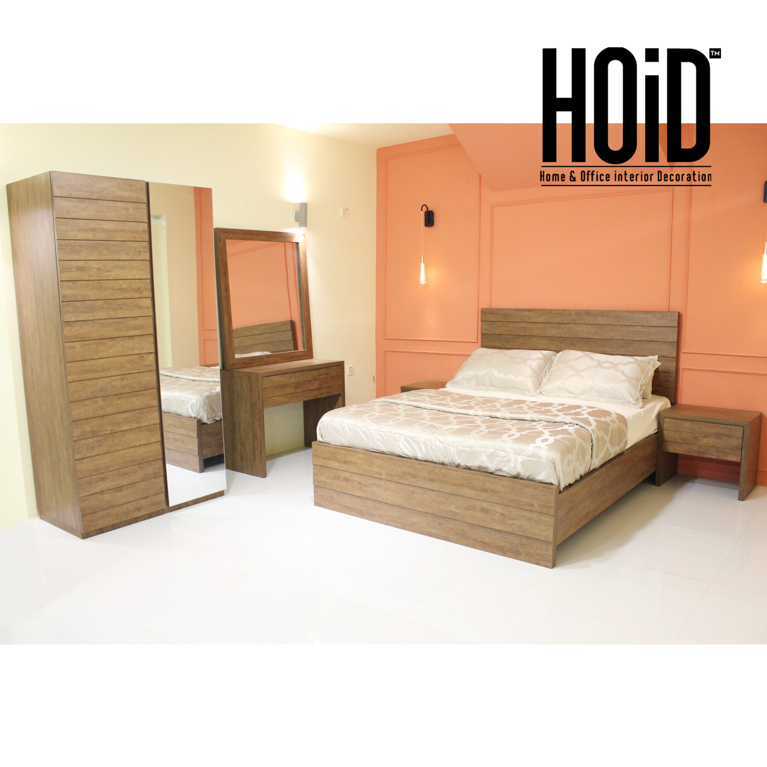 abbaVa Designer Bed with 2 Side Tables, Dresser, Mirror with 2 Door