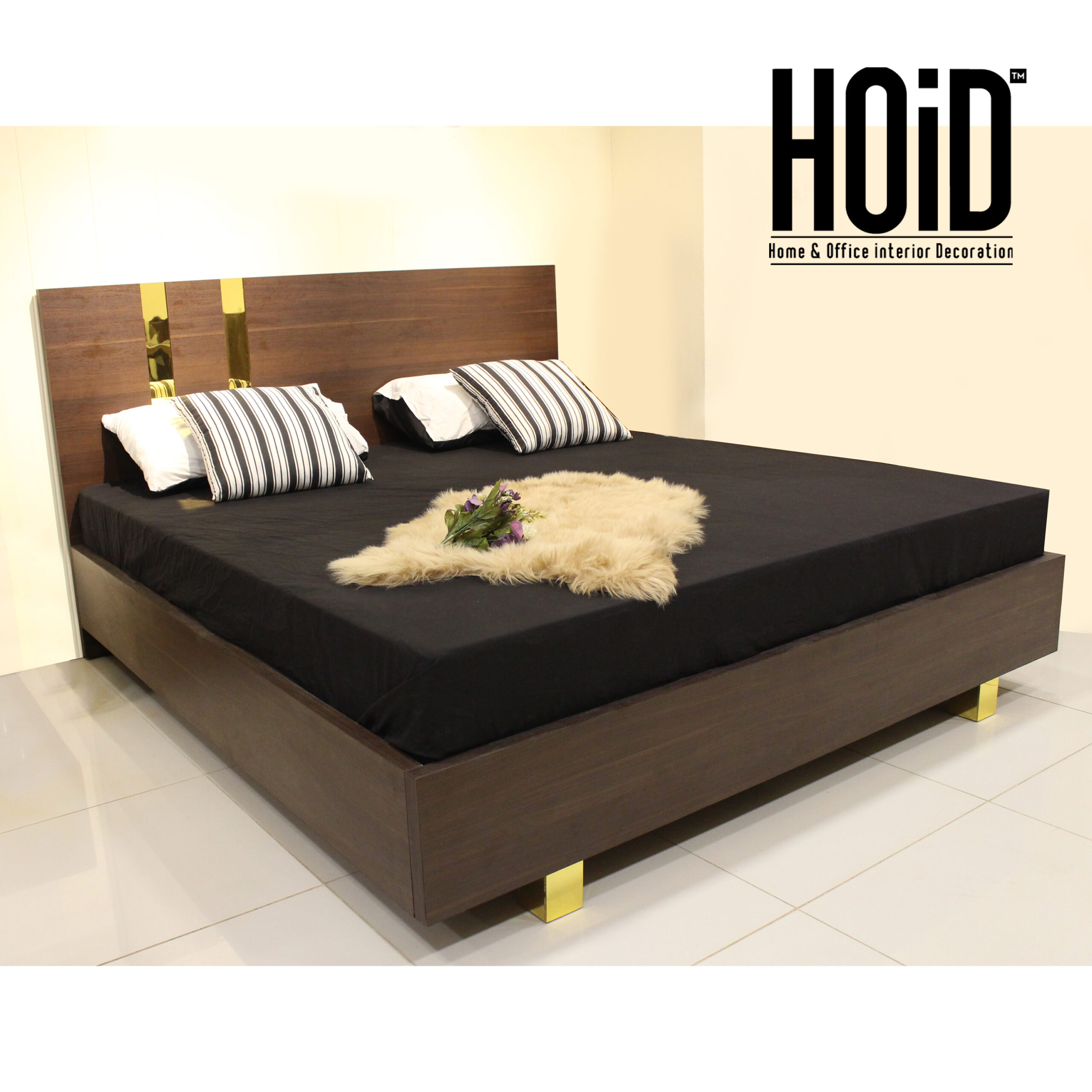 Temp! Designer Bed with Gold Acrylic Lines HOiD.pk