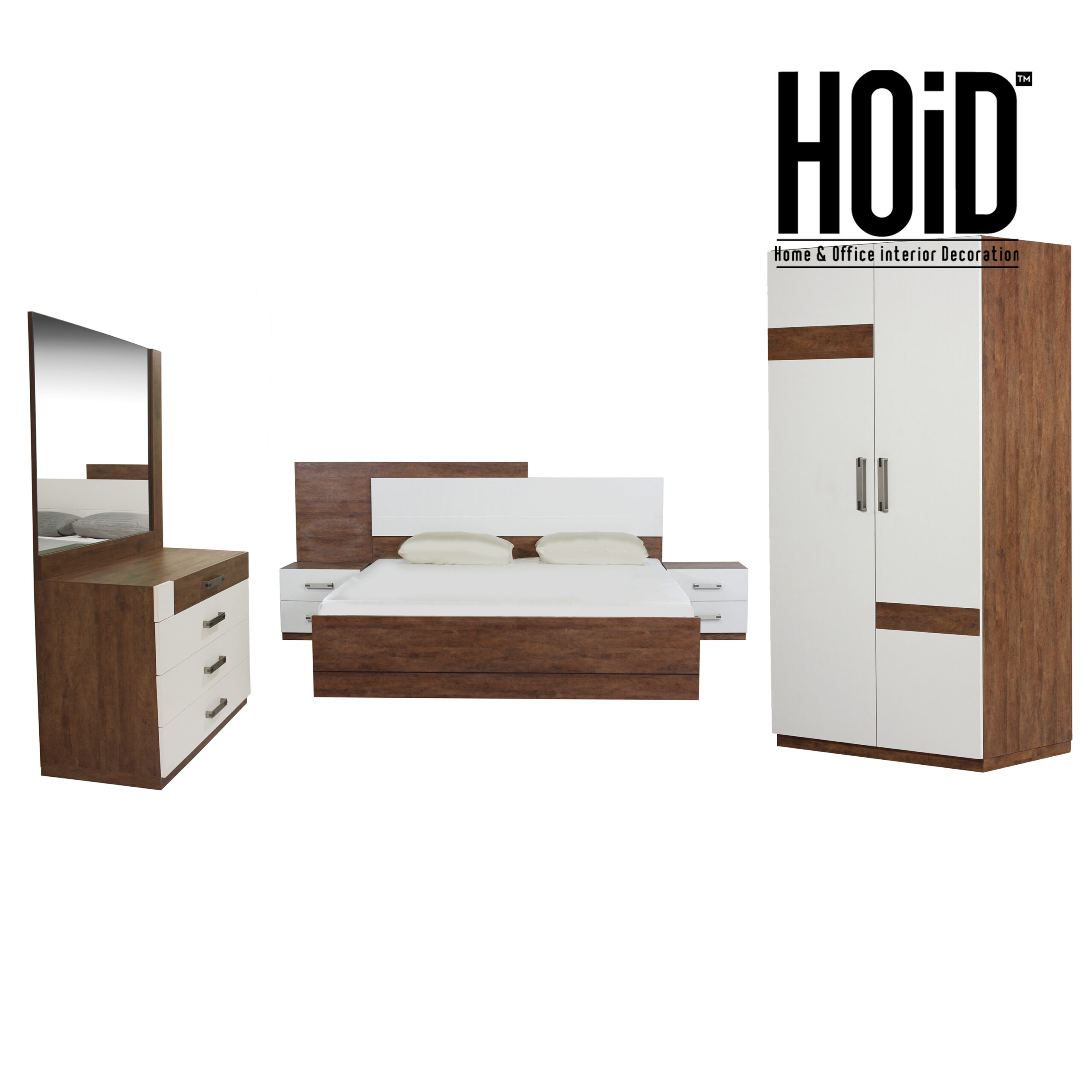 Code Bed with Extended Panel, 2 Side Tables, Dresser, Mirror with 2