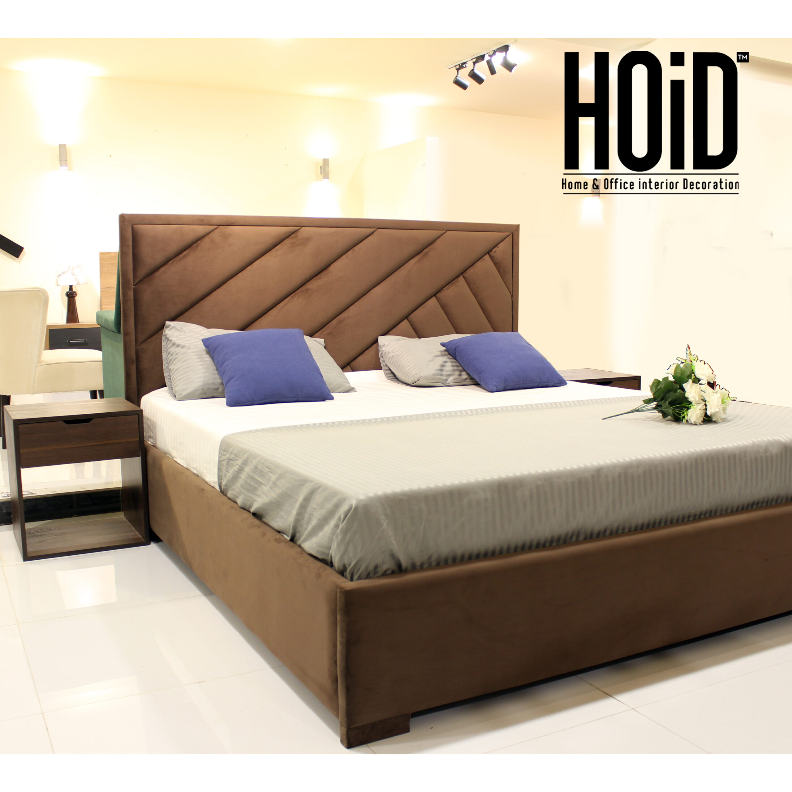 Gradient Fabric King Size Bed with Mine Side Tables - HOiD.pk