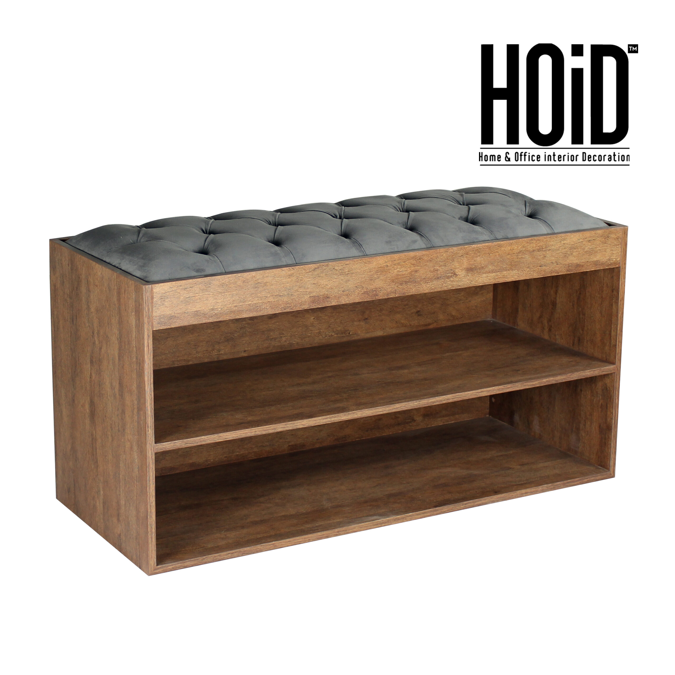 Wooden shoe organizer bench with a cushioned seat and open storage shelves.