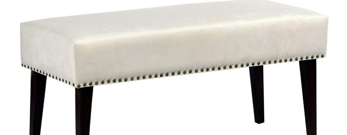 Off-white velvet 2-seater bench with dark wooden legs and nailhead trim, made from Sheesham wood