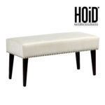 Off-white velvet 2-seater bench with dark wooden legs and nailhead trim, made from Sheesham wood