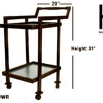 Wooden tea trolley with glass shelf and wheels.