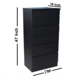Black 6-drawer chester with dimensions labeled.