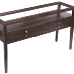 "Aame Hallway Console with oak wood frame, four drawers, and a glass top railing."