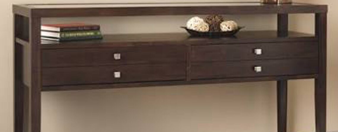 Wooden hallway console table with drawers, supported by oak wood legs.