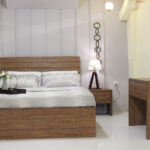 "abbaVa Designer Bed set with side tables and a dresser with a mirror – available in Karachi."