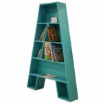 Green A-shaped floor shelf with multiple storage compartments.