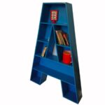 Blue A-shaped floor shelf with multiple compartments for books and decor.