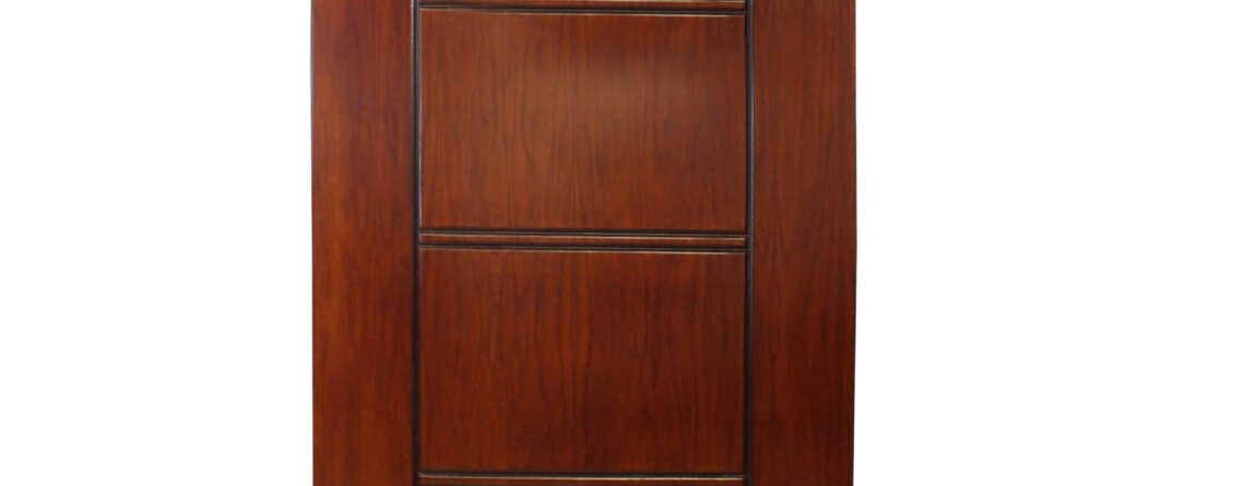 Wooden door with a box panel design and an oak finish.