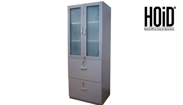 Melamine office storage shelf with frosted glass front