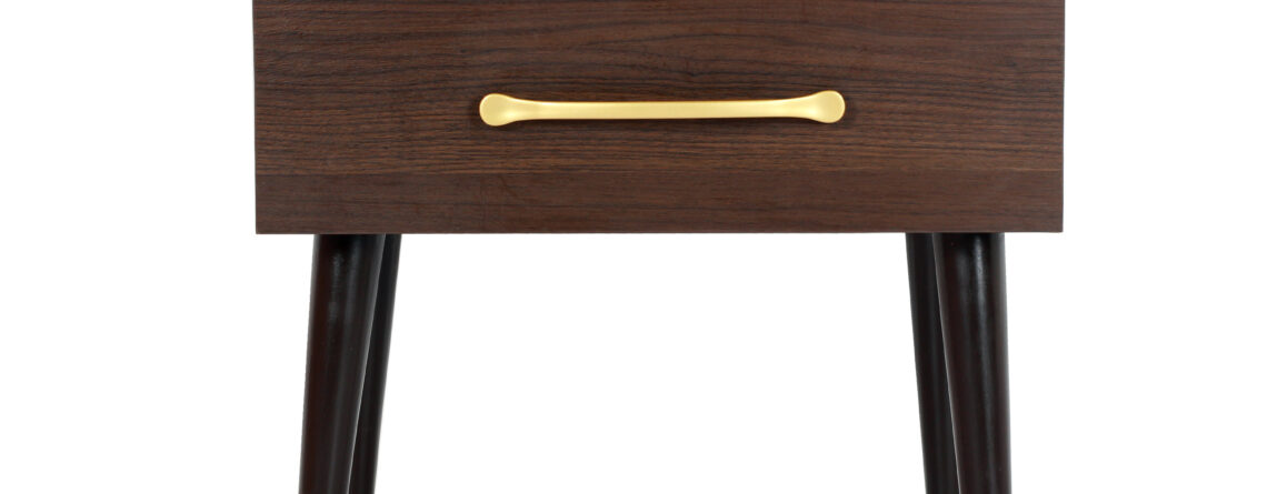 "Wooden side table with walnut finish, gold handle, and four angled legs – available in Karachi."