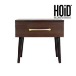 "Wooden side table with walnut finish, gold handle, and four angled legs – available in Karachi."