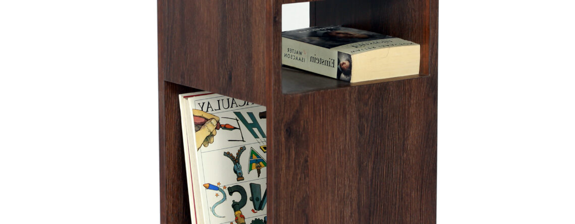 Wooden side table with open shelves for storage and a decorative top surface.