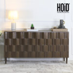 "Wooden sideboard with 3D designer doors and solid wood legs."